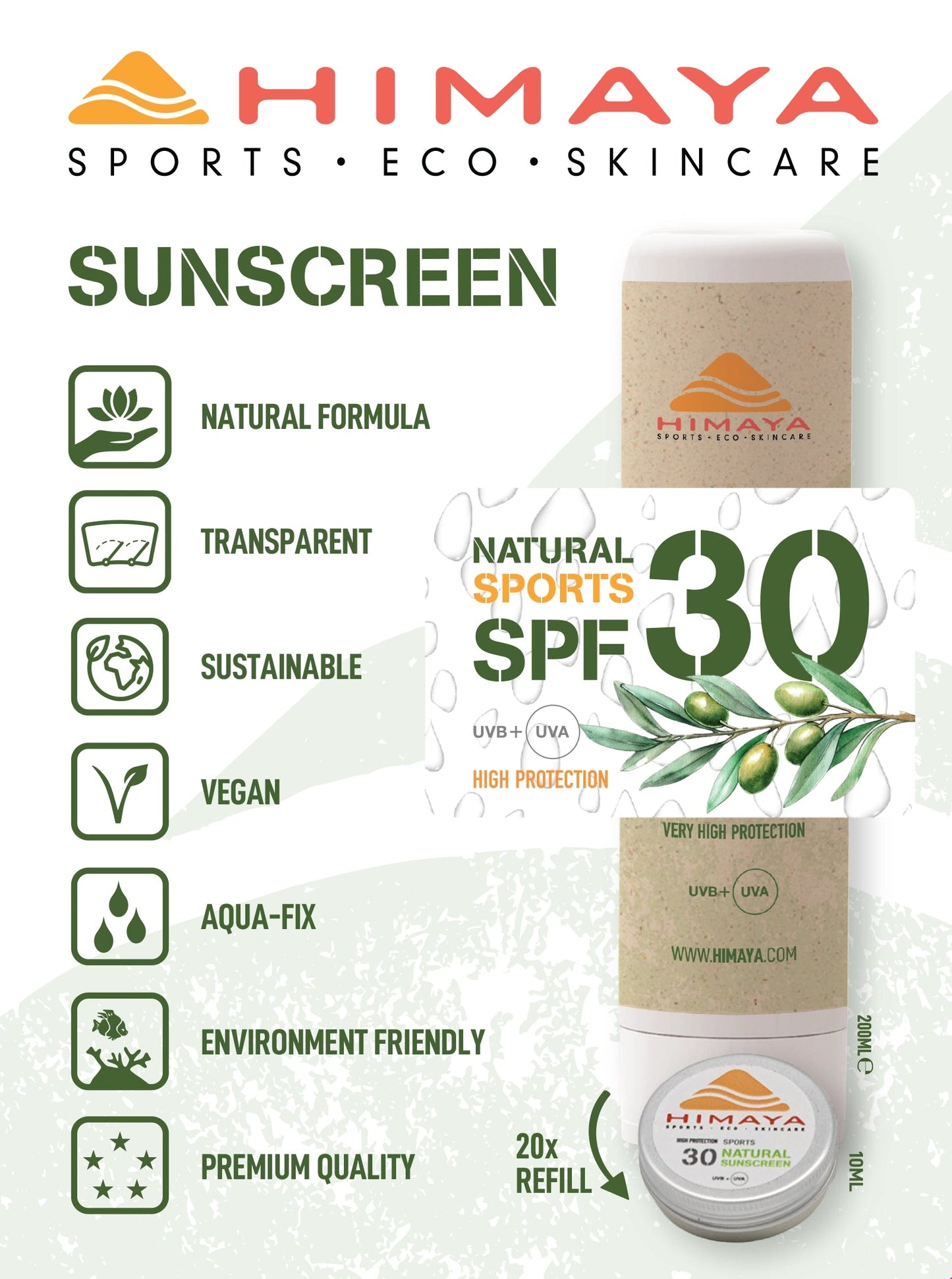 HIMAYA Natural Sunscreen SPF 30 200ml – Mineral - Zinc - Reef Safe -Refillable Himaya