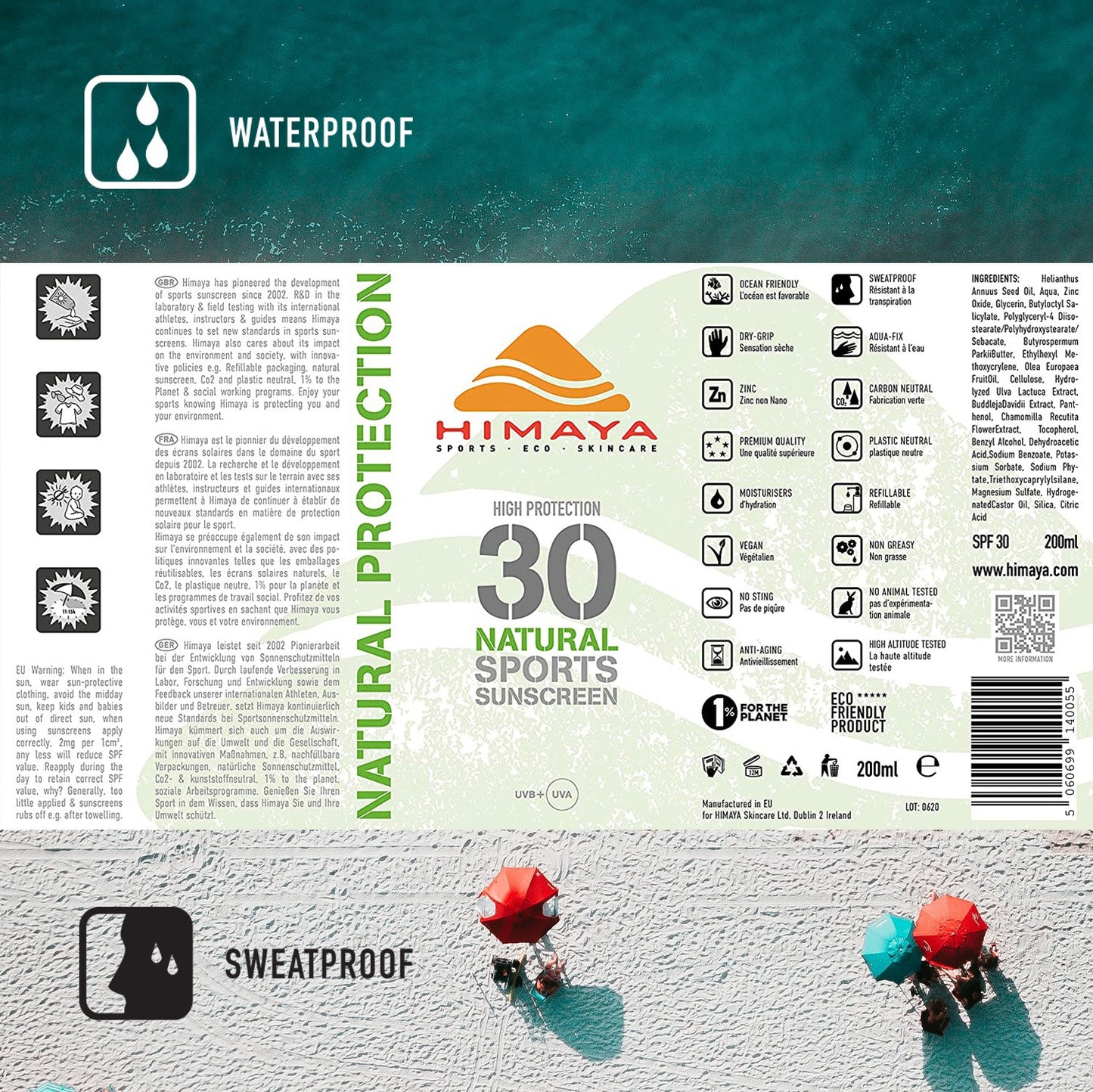 HIMAYA Natural Sunscreen  – SPF 30 200ml -Mineral - Zinc - Reef Safe -Refillable - UVA UVB Himaya