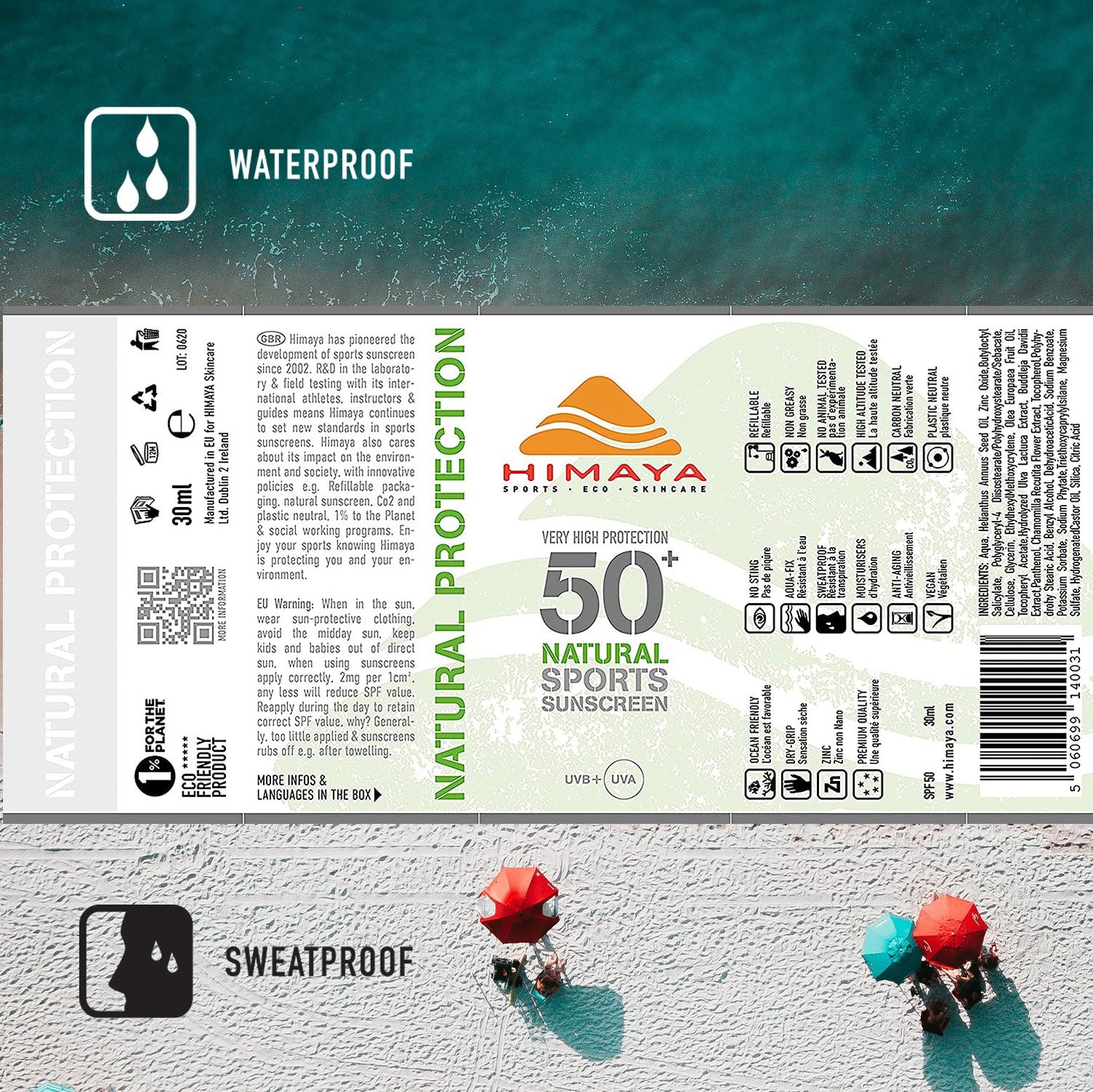 HIMAYA Natural Sunscreen SPF 50+ - 200ml – Mineral - Zinc - Reef Safe -Refillable - UVA UVB Himaya